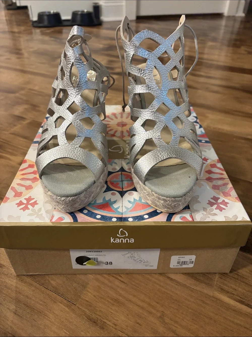 kanna Silver Cutout Espadrille Wedge Sandals
